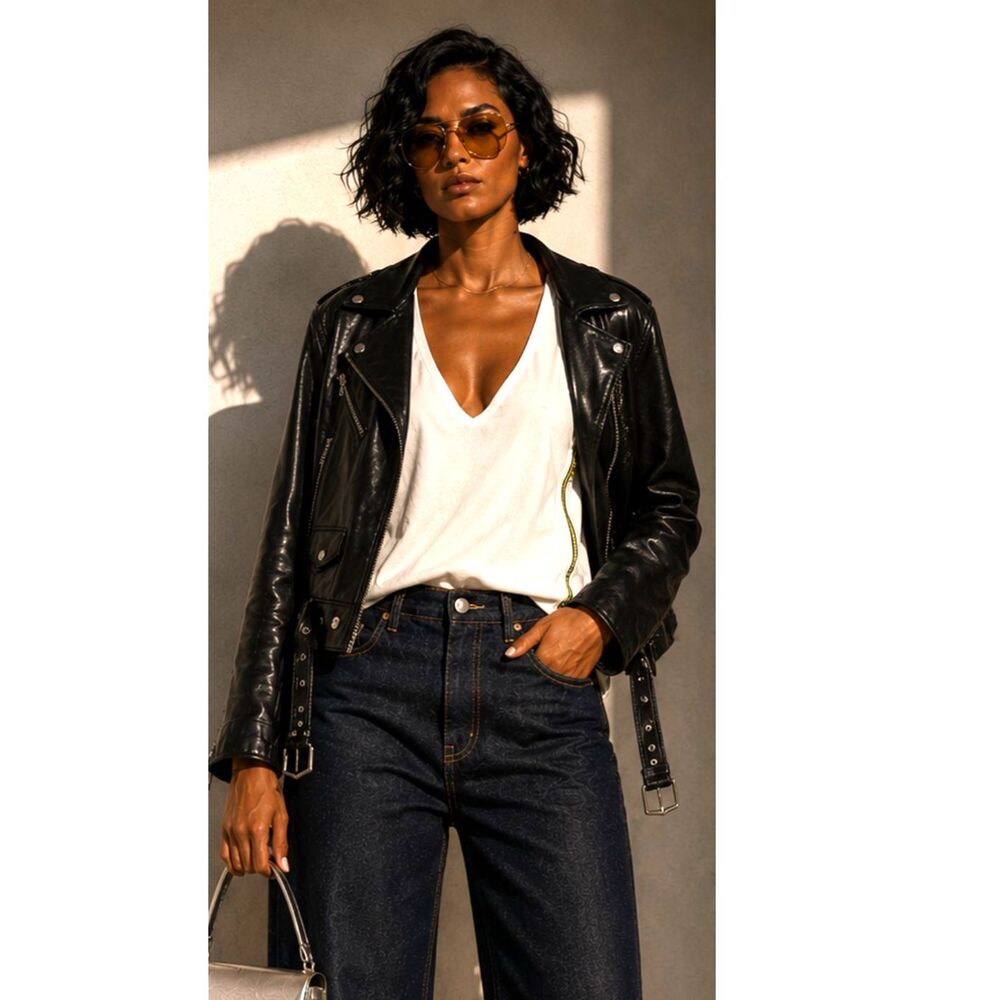ZARA Faux Leather Asymmetric Moto Biker Jacket Silver Hardware Black